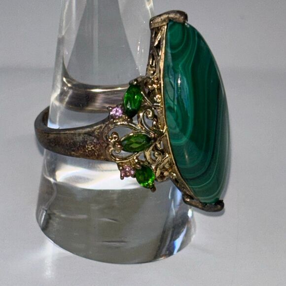 925 sterling silver STS malachite statement ring + stud earrings Sz 9 w/emeralds - Picture 4 of 12